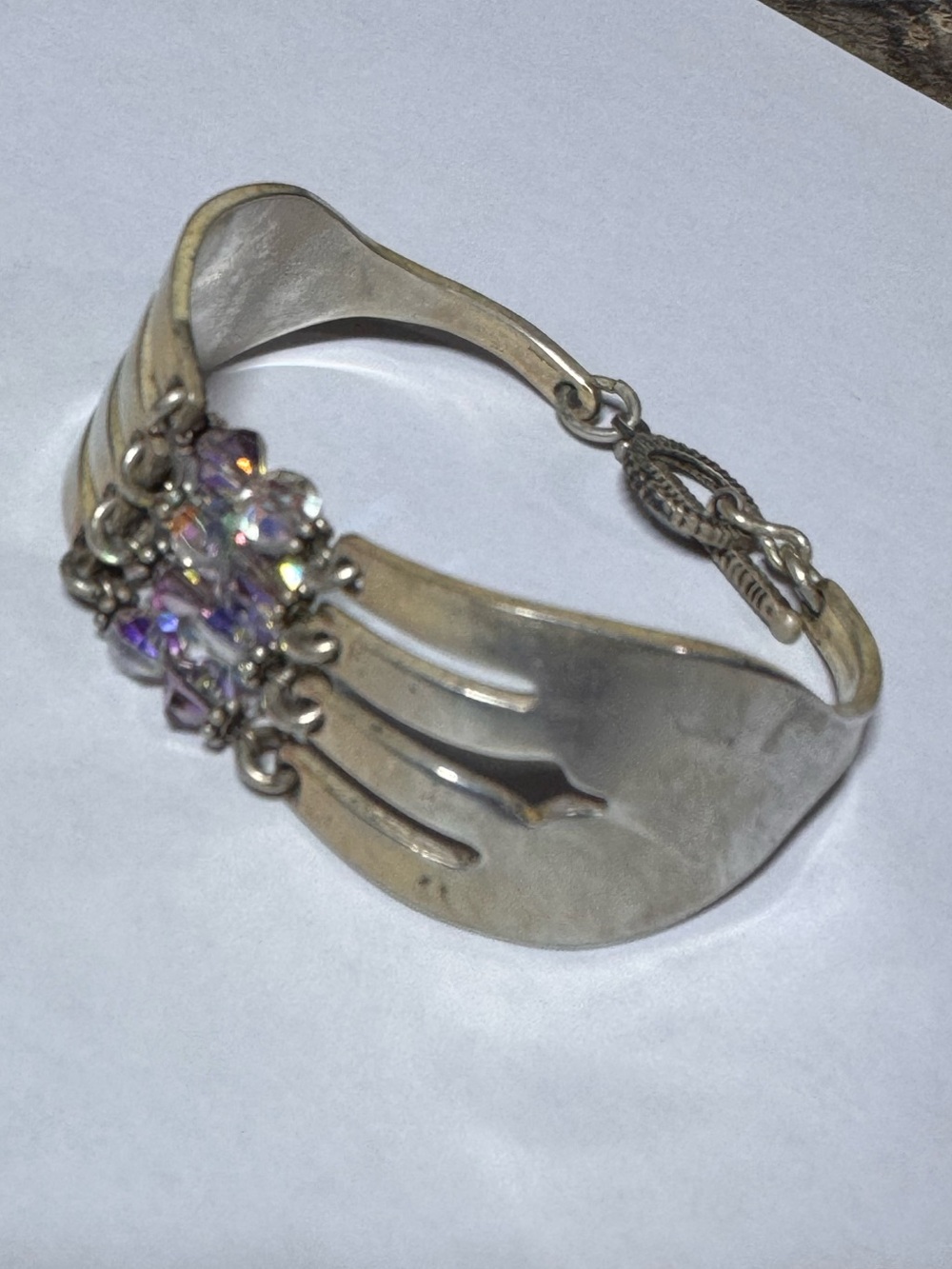 Vintage Handcrafted Silverware Fork Bracelet with Aurora Borealis Crystals
